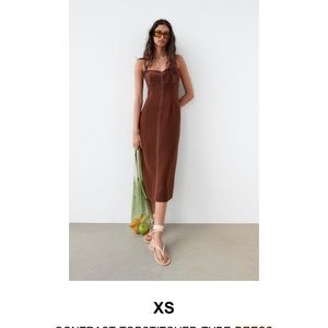 Zara contrast topstitched tube dress brown XS